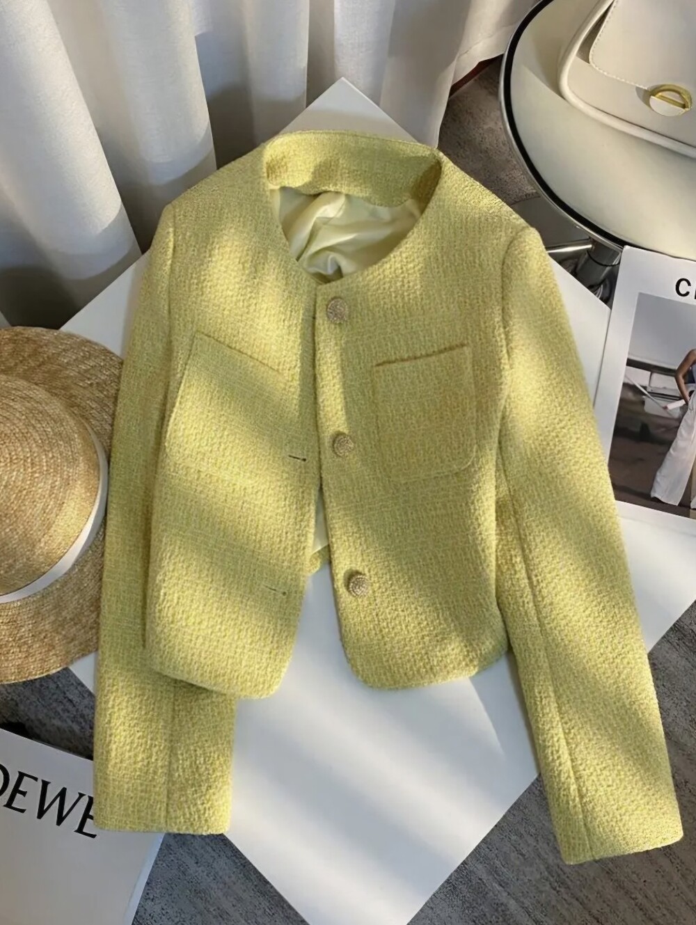 Fashion Tweed Short Jacket Women'S Woolen Coat Spring Autumn Round Neck Single